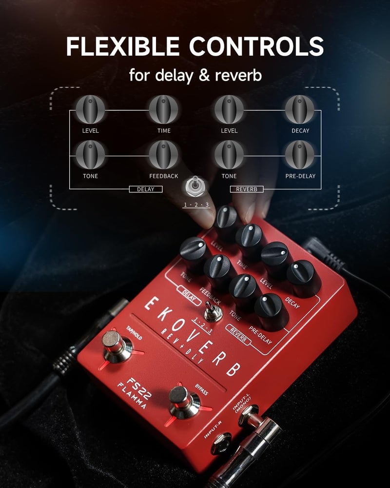 FLAMMA FS22 Stereo Delay & Reverb Combo Effects Pedal Ambient Guitar Pedal with 3 Pairs Combo Effects Reverse Delay Shimmer Reverb Tap Tempo Freeze Trail On Function - Image 5